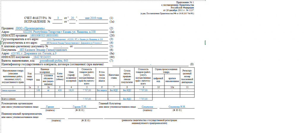 Как выставить счет-фактуру с НДС для ИП на УСН упрощека пример документа